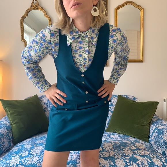 ๐ฌ๐ง Vintage 60s 70s Pinafore Mini Dress Teal Blue Green Mod Gogo Girl Twiggy 6 - Picture 10 of 11